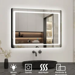 AICA Sanitaire Miroir de salle de bain avec éclairage intégré, L.120 x H.70 cm Miroir lumineux anti buée,