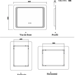 AICA Sanitaire Miroir de salle de bain avec éclairage intégré, L.120 x H.70 cm Miroir lumineux anti buée,