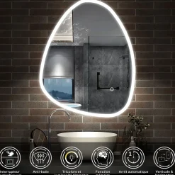 AICA Sanitaire Miroir de salle de bain asymétrique 80x65cm led Teardrop Mirror 3 Colours Dimmable + Anti-buée + Mémoire,