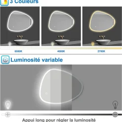 AICA Sanitaire Miroir de salle de bain asymétrique 100x80cm led Teardrop Mirror 3 Colours Dimmable + Anti-buée + Mémoire,