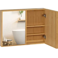 kleankin Miroir de salle de bain avec placard 2 portes - 2 étagères - bois de bambou verni