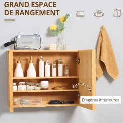 kleankin Miroir de salle de bain avec placard 2 portes - 2 étagères - bois de bambou verni