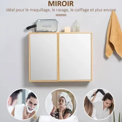 kleankin Miroir de salle de bain avec placard 2 portes - 2 étagères - bois de bambou verni