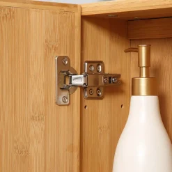 kleankin Miroir de salle de bain avec placard 2 portes - 2 étagères - bois de bambou verni