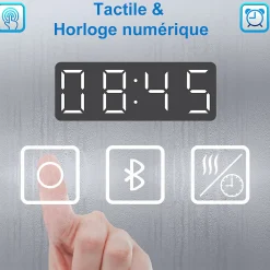 AICA Sanitaire Miroir de salle de bain Bluetooth 160x80 cm, tricolore + horloge + mémoire + dimmable + anti-buée, IP44 Miroir LED,