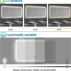 AICA Sanitaire Miroir de salle de bain Bluetooth 160x80 cm, tricolore + horloge + mémoire + dimmable + anti-buée, IP44 Miroir LED,