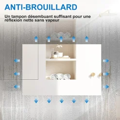 AICA Sanitaire Miroir de salle de bain Bluetooth 160x80 cm, tricolore + horloge + mémoire + dimmable + anti-buée, IP44 Miroir LED,