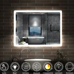 Miroir Lumineux|AICA Sanitaire Miroir de salle de bain Bluetooth LED 70x50cm avec tricolore + luminosité réglable + mémoire + anti-buée, IP44,