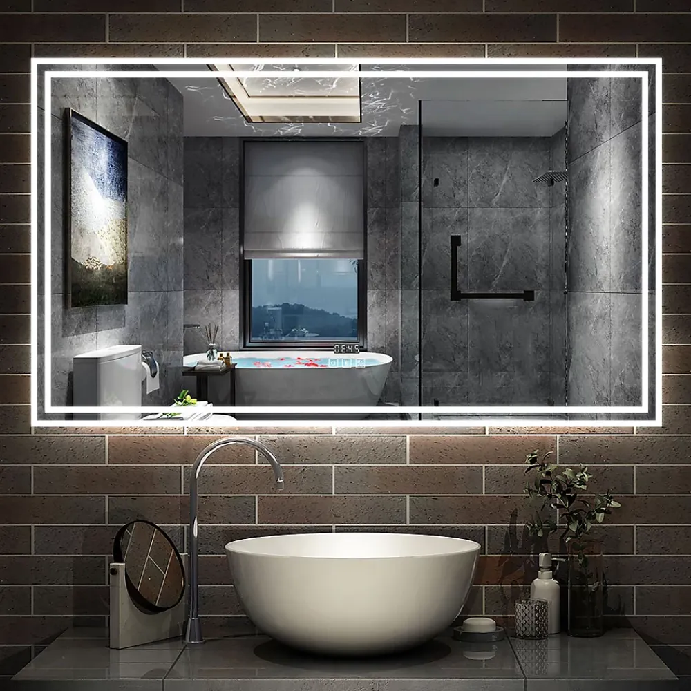 Miroir Lumineux|AICA Sanitaire Miroir de salle de bain Bluetooth 120x70 cm, tricolore + horloge + mémoire + dimmable + anti-buée, IP44 Miroir LED,