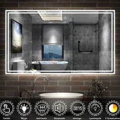 AICA Sanitaire Miroir de salle de bain Bluetooth 140x80 cm, tricolore + horloge + mémoire + dimmable + anti-buée, IP44 Miroir LED,