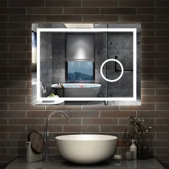 AICA Sanitaire Miroir de salle de bain Bluetooth 80x60 cm, LED tricolore + loupe + mémoire + dimmable + anti-buée, IP44,