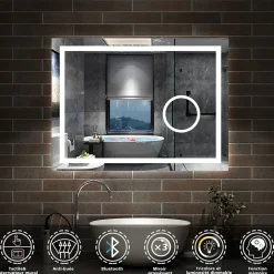 AICA Sanitaire Miroir de salle de bain Bluetooth 80x60 cm, LED tricolore + loupe + mémoire + dimmable + anti-buée, IP44,