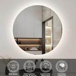 Miroir Lumineux|AICA Sanitaire Miroir de salle de bain LED rond 80 cm avec rétro-éclairage sans cadre, anti-buée + mémoire + dimmable,