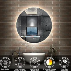 Miroir Lumineux|AICA Sanitaire Miroir de salle de bain LED rond 100cm avec rétro-éclairage, tricolore + anti-buée + mémoire + gradation infinie,