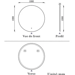 Miroir Lumineux|AICA Sanitaire Miroir de salle de bain LED rond 100cm avec rétro-éclairage, tricolore + anti-buée + mémoire + gradation infinie,