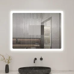 AICA Sanitaire Miroir de salle de bain LED avec bluetooth et horloge, 80x60cm, Tri-color, anti-buée,