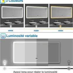 AICA Sanitaire Miroir de salle de bain LED avec bluetooth et horloge, 80x60cm, Tri-color, anti-buée,