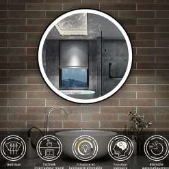 Miroir Lumineux|AICA Sanitaire Miroir de salle de bain LED rond 60cm avec cadre noir, tricolore + anti-buée + mémoire + gradation infinie,