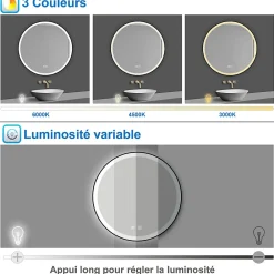 Miroir Lumineux|AICA Sanitaire Miroir de salle de bain LED rond 60cm avec cadre noir, tricolore + anti-buée + mémoire + gradation infinie,