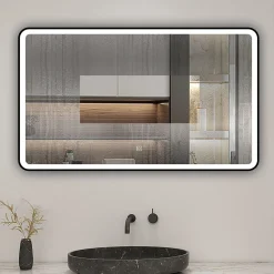 AICA Sanitaire Miroir de salle de bain LED 120x70cm avec cadre noir, tricolore + anti-buée + mémoire + gradation infinie,