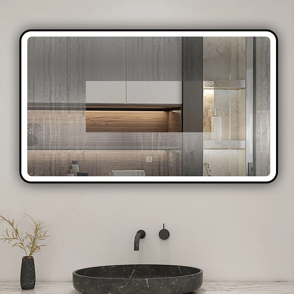 AICA Sanitaire Miroir de salle de bain LED 120x70cm avec cadre noir, tricolore + anti-buée + mémoire + gradation infinie,
