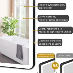 AICA Sanitaire Miroir de salle de bain LED 120x70cm avec cadre noir, tricolore + anti-buée + mémoire + gradation infinie,