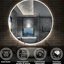 AICA Sanitaire Miroir de salle de bain LED rond de 90cm, dimmable + mémoire + antibuée, avec interrupteur tactile, blanc,