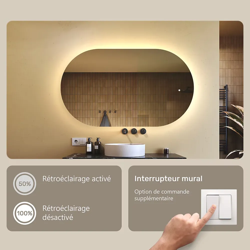 Artforma Miroir de salle de bain lumineux - - Ovale - 120x70cm - LED Dual + Interrupteur tactile