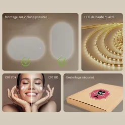 Artforma Miroir de salle de bain lumineux - - Ovale - 120x70cm - LED Dual + Interrupteur tactile