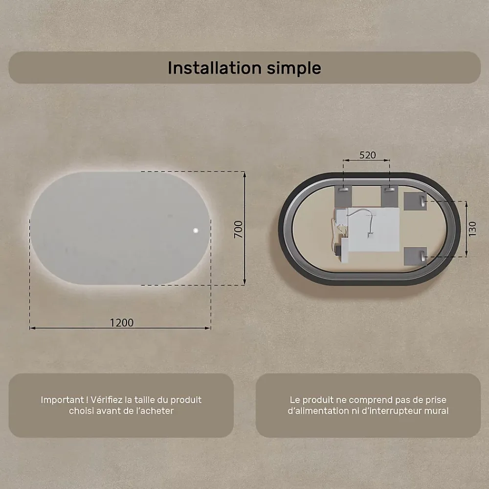 Artforma Miroir de salle de bain lumineux - - Ovale - 120x70cm - LED Dual + Interrupteur tactile