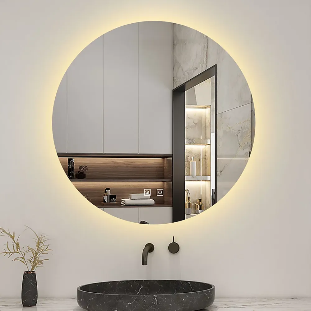 AICA Sanitaire Miroir de salle de bain LED rond 80 cm avec rétro-éclairage, tricolore + anti-buée + mémoire + gradation infinie,