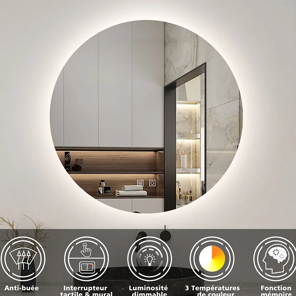 AICA Sanitaire Miroir de salle de bain LED rond 80 cm avec rétro-éclairage, tricolore + anti-buée + mémoire + gradation infinie,