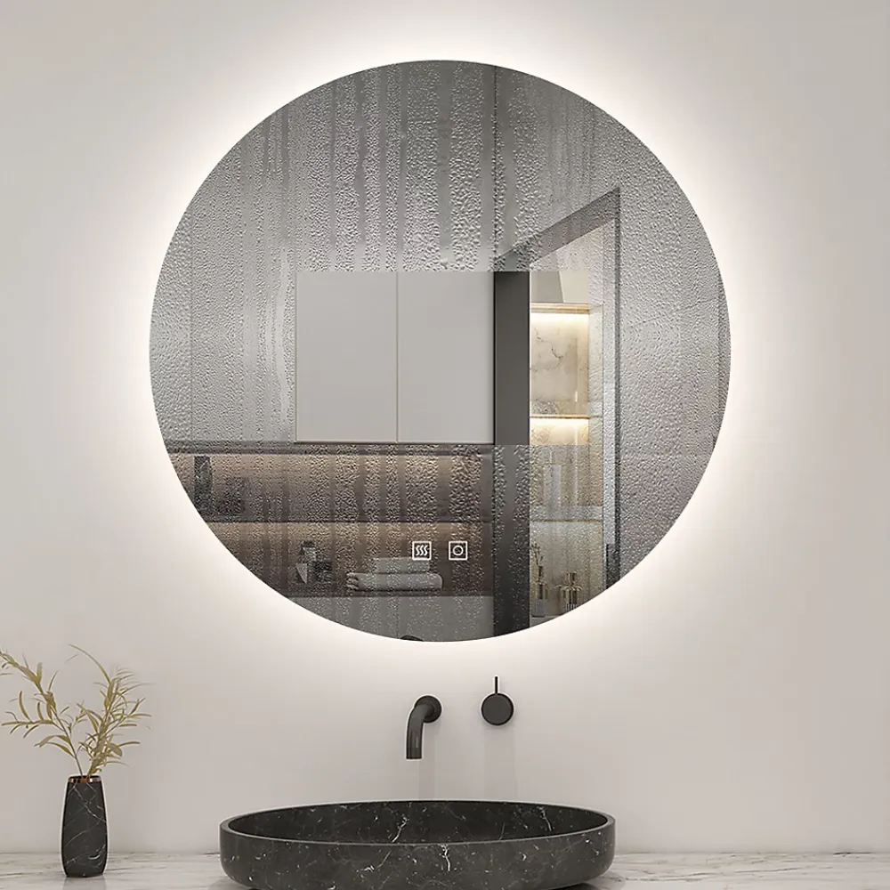 AICA Sanitaire Miroir de salle de bain LED rond 80 cm avec rétro-éclairage, tricolore + anti-buée + mémoire + gradation infinie,
