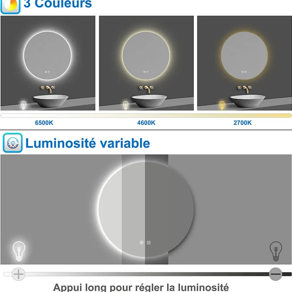 AICA Sanitaire Miroir de salle de bain LED rond 80 cm avec rétro-éclairage, tricolore + anti-buée + mémoire + gradation infinie,