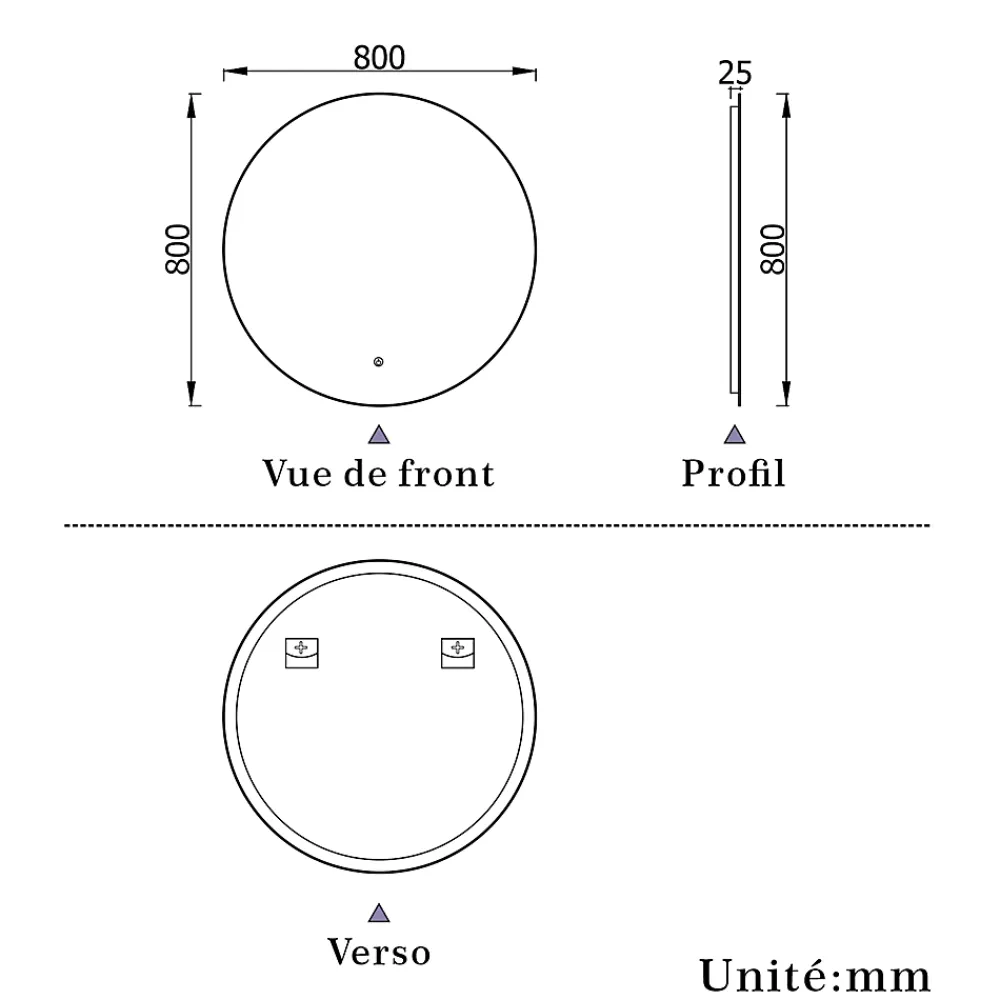 AICA Sanitaire Miroir de salle de bain LED rond 80 cm avec rétro-éclairage, tricolore + anti-buée + mémoire + gradation infinie,