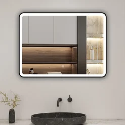 AICA Sanitaire Miroir de salle de bain LED 80x60cm avec cadre noir, tricolore + anti-buée + mémoire + gradation infinie,
