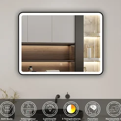 AICA Sanitaire Miroir de salle de bain LED 80x60cm avec cadre noir, tricolore + anti-buée + mémoire + gradation infinie,