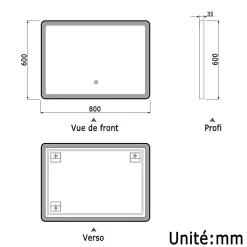 AICA Sanitaire Miroir de salle de bain LED 80x60cm avec cadre noir, tricolore + anti-buée + mémoire + gradation infinie,