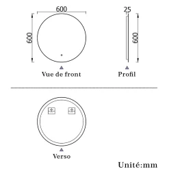 Miroir Lumineux|AICA Sanitaire Miroir de salle de bain LED rond 60 cm avec rétro-éclairage sans cadre, anti-buée + mémoire + dimmable,