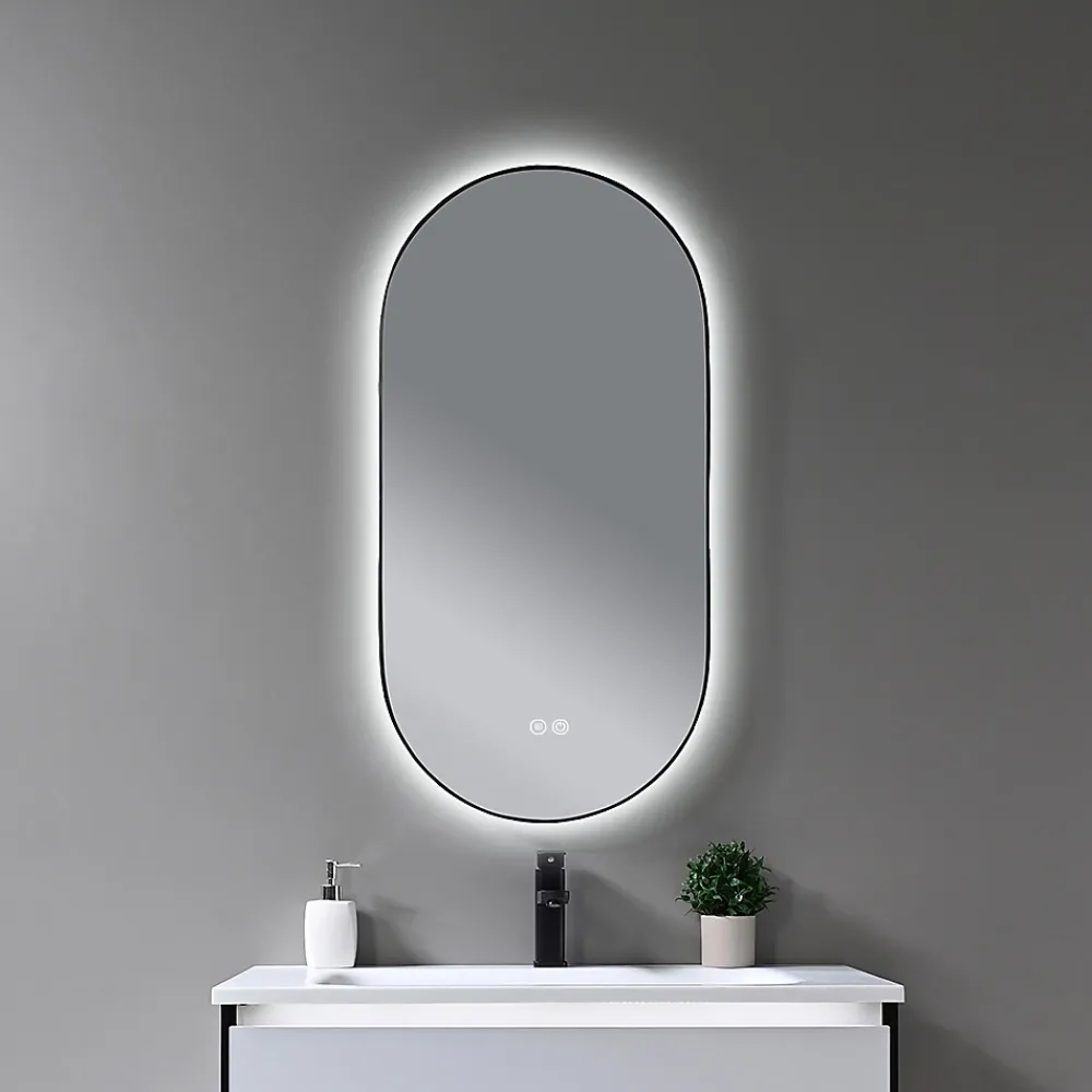 Miroir Lumineux|Luxury Bain Miroir de salle de bain LED 45x90cm ovale anti buée avec cadre en aluminium noir- LuxuryBain