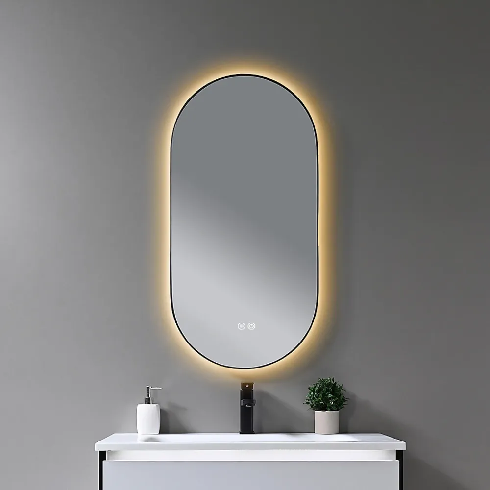 Miroir Lumineux|Luxury Bain Miroir de salle de bain LED 45x90cm ovale anti buée avec cadre en aluminium noir- LuxuryBain