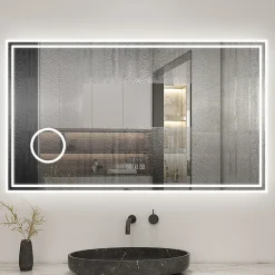 Miroir Lumineux|AICA Sanitaire Miroir de salle de bain LED 160x80cm Tricolor anti-buée avec bluetooth simple, horloge et miroir grossissant 3x,