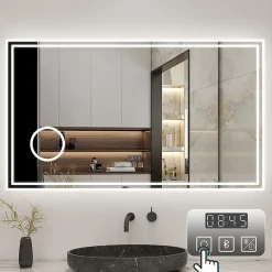Miroir Lumineux|AICA Sanitaire Miroir de salle de bain LED 160x80cm Tricolor anti-buée avec bluetooth simple, horloge et miroir grossissant 3x,