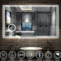 Miroir Lumineux|AICA Sanitaire Miroir de salle de bain LED 160x80cm Tricolor anti-buée avec bluetooth simple, horloge et miroir grossissant 3x,