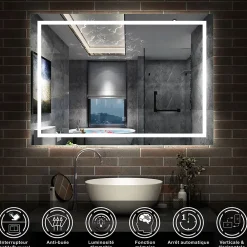 Miroir Lumineux|AICA Sanitaire Miroir de salle de bain LED dimmable, avec mémoire et anti-buée, 120x80cm, IP44,