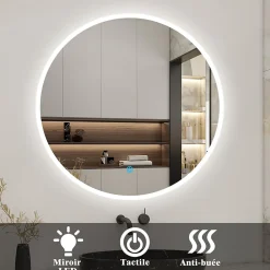 AICA Sanitaire Miroir de salle de bain led rond 70 cm, anti buée miroir avec interrupteur tactile,lumière blanche,