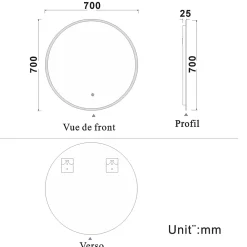 AICA Sanitaire Miroir de salle de bain led rond 70 cm, anti buée miroir avec interrupteur tactile,lumière blanche,