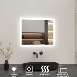 Miroir Lumineux|AICA Sanitaire Miroir de salle de bain LED intégrée avec anti-buée 80x60cm Horizontal/Vertical Blanc froid,