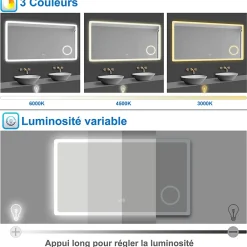 Miroir Lumineux|AICA Sanitaire Miroir de salle de bain LED 120x70cm tricolor anti-buée avec bluetooth et loupe 3x,mémoire et lumière gradation,