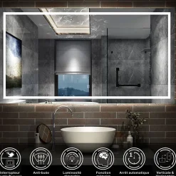 AICA Sanitaire Miroir de salle de bain LED dimmable, avec mémoire et anti-buée, 160x80cm, IP44,